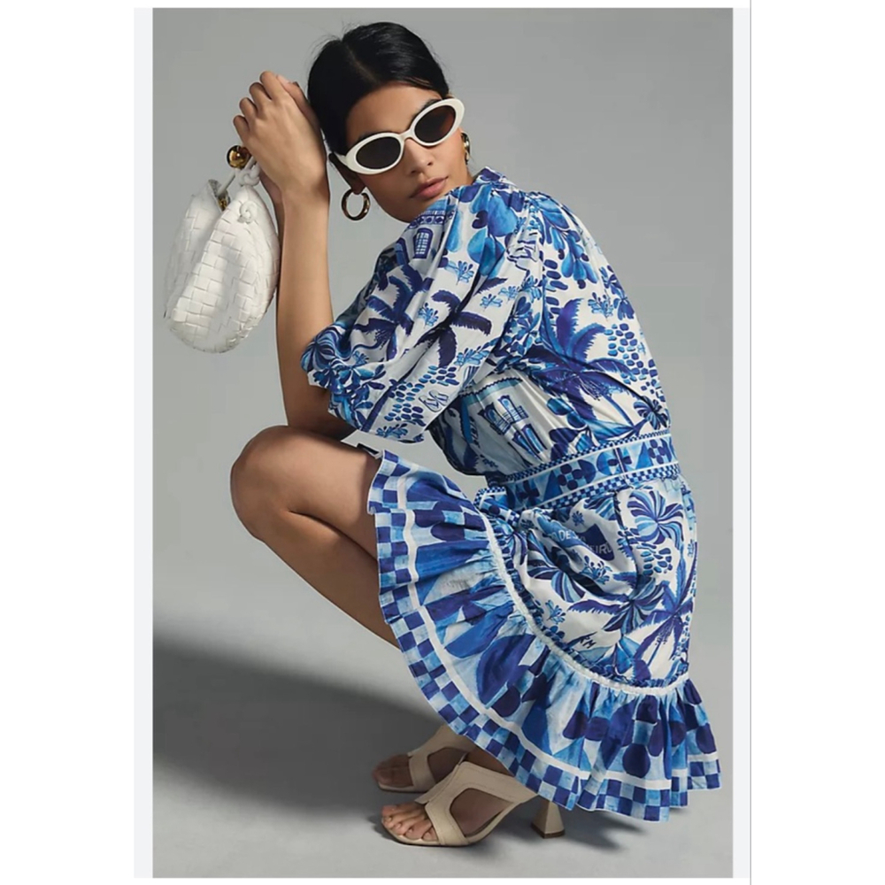 Women's FARM Rio Mini Dress S Blue White Tropical Print